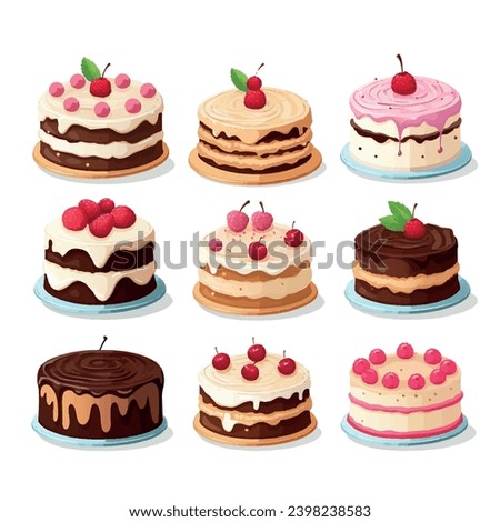Set of Birthday Cakes. Birthday Party Elements vector illustration