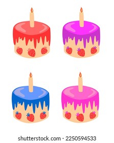 Set of birthday cakes red pink blue cartoon illustrations isolated with one candle for postcards, invitations