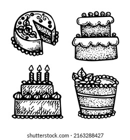 Set of birthday cakes sketch. Confectionery, biscuit with cream and candles. Sweet holiday dessert. Hand drawn vector doodle graphic.