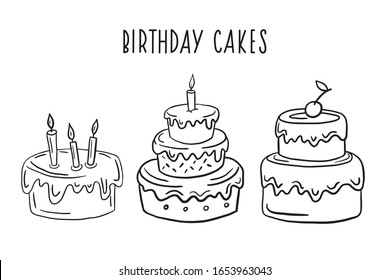 A Set Of Birthday Cakes. Vector Drawing In A Linear Style. Cake Drawing.