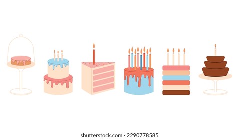 Set of Birthday Cakes vector flat illustration. Colorful desserts, party decoration.