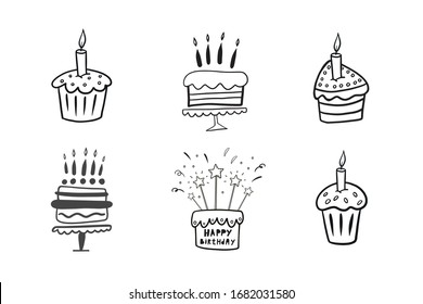 A set of birthday cakes. Birthday cakes. Vector illustration of doodles cakes. Freehand drawing.