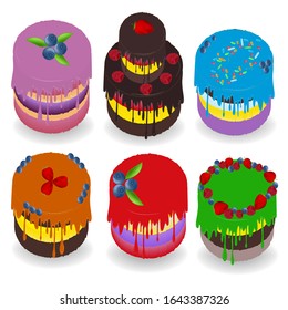
Set of birthday cakes. Birthday cakes.  Vector set tasty dessert main dish of holiday and anniversary with chocolate and sweet