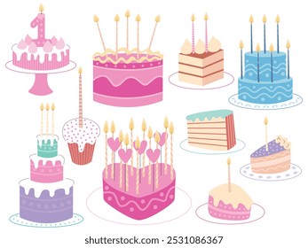 Set of birthday cakes wirh candles. Flat vector birthday cakes different shapes set