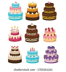 Set of Birthday Cakes.Cakes collection. cartoon Vector illustration of different types of beautiful and cute cakes, Isolated on white.
