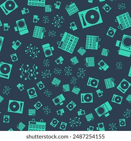 Set Birthday calendar, Vinyl player with a vinyl disk, Festive confetti and Photo camera on seamless pattern. Vector