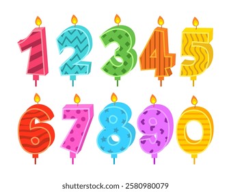 Set of birthday candle number collection cartoon colorful for anniversary party cake, candlelight fire design for birthday event celebration text, symbols for invitation to the anniversary.