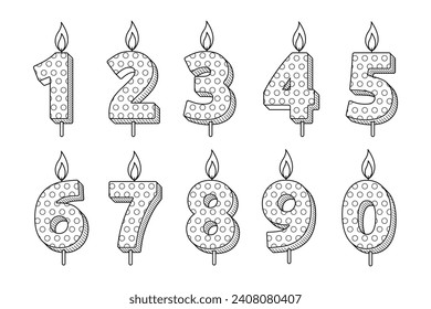 Set of Birthday Candle Number outline doodle vector illustration