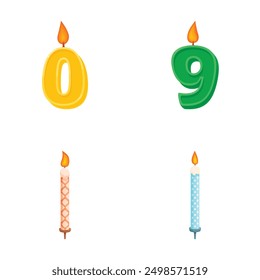 Set of birthday candle numbers 0 and 9 with two decorative candles