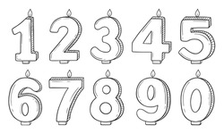 Set Of Birthday Candle Numbers With Burning Flames In Doodle Style. Decoration For Cake. For Greeting Card, Banner, Invitation, Stickers. Hand Drawn Vector Illustration Isolated On White Background.