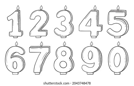 Set of Birthday candle numbers with burning flames in doodle style. Decoration for cake. For greeting card, banner, invitation, stickers. Hand drawn vector illustration isolated on white background.