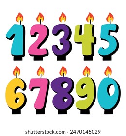 Set of Birthday candle numbers with burning flames