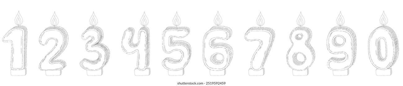 Set of Birthday candle numbers with burning flames in doodle style. Decoration for cake. For greeting card, banner, invitation, stickers. Hand drawn vector illustration isolated on white background.