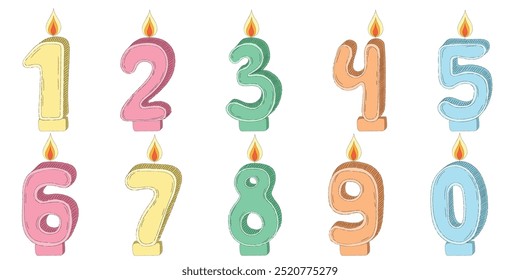 Set of Birthday candle numbers with burning flames in doodle style. Decoration for cake. For greeting card, banner, invitation, stickers. Hand drawn vector illustration isolated on white background.