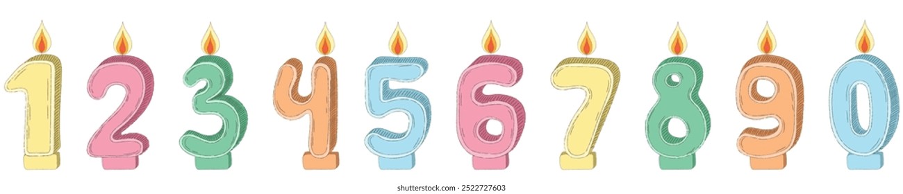 Set of Birthday candle numbers with burning flames in doodle style. Decoration for cake. For greeting card, banner, invitation, stickers. Hand drawn vector illustration isolated on white background.