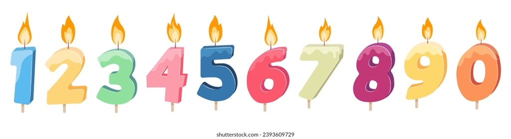 set of birthday candles in cartoon style, candles numbers