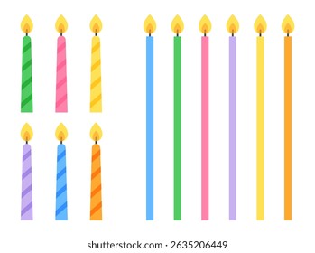 Set of birthday candles with flames in simple minimal style. Flat vector illustration