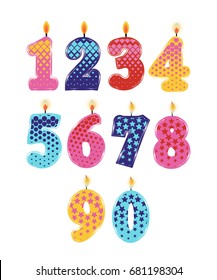 Set of Birthday Candles Isolated on White Background. Numbers One, Two, Three, Four, Five Six Seven, Eight, Nine, Zero. Vector Illustration Design for Children Party, Baby Shower, Wedding.  