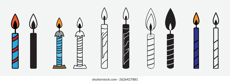 Set of birthday candles Line and Silhouette Vector Style on White Background