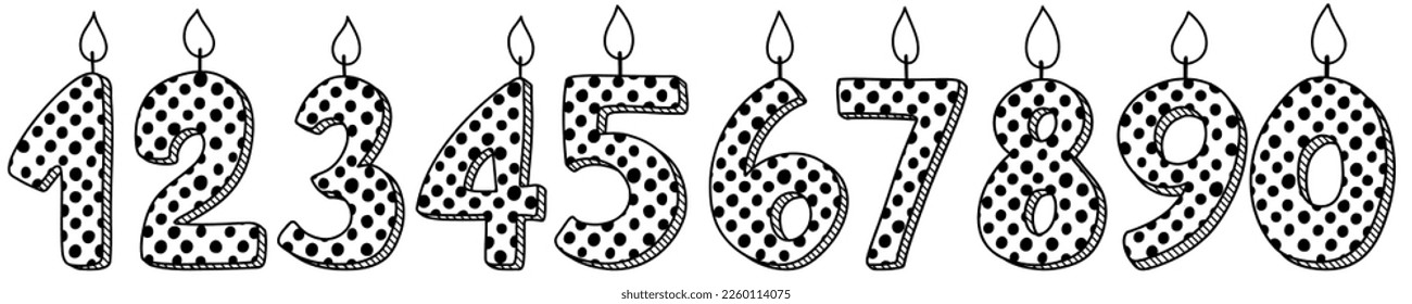 Set of Birthday candles numbers for cake. Line art icon elements design for greeting cards invitations social media post. 1, 2, 3, 4, 5, 6, 7, 8, 9, 0.
