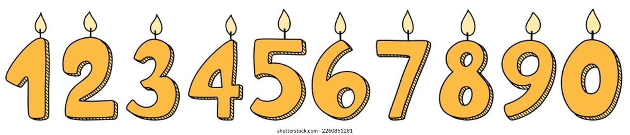 Set of Birthday candles numbers for cake. Line art icon elements design for greeting cards invitations social media post. 1, 2, 3, 4, 5, 6, 7, 8, 9, 0.
