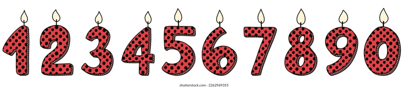 Set of Birthday candles numbers for cake. Line art icon elements design for greeting cards invitations social media post. 1, 2, 3, 4, 5, 6, 7, 8, 9, 0.
