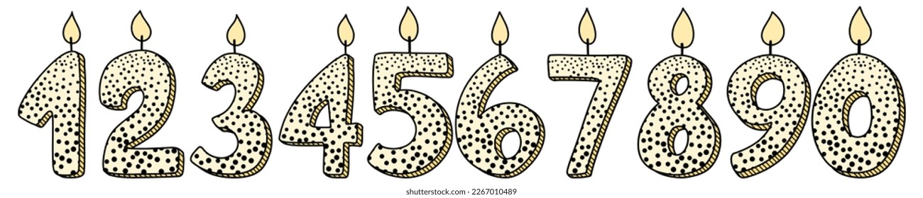 Set of Birthday candles numbers for cake. Line art icon elements design for greeting cards invitations social media post. 1, 2, 3, 4, 5, 6, 7, 8, 9, 0.
