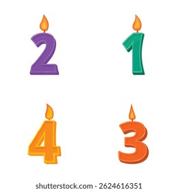 Set of birthday candles shaped as numbers 1 to 4 with flames, isolated on white