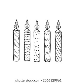 Set of birthday candles in vintage engraving style. Detailed illustrations are perfect for party invitations and postcards—element design for flyers, postcards, and invite cards.