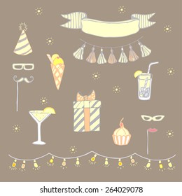 Set for Birthday. Cap, glasses, mustache, cocktails, drinks, ice cream, cakes, tape, banners, garlands, lanterns, flags. Vector. Brown.