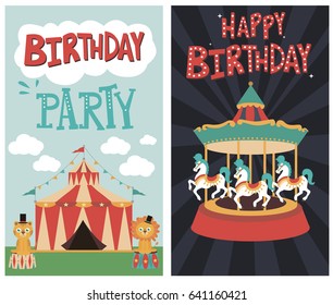 Set of birthday card with circus animals. Vector illustration