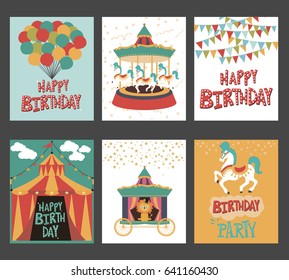 Set of birthday card with circus animals. Vector illustration