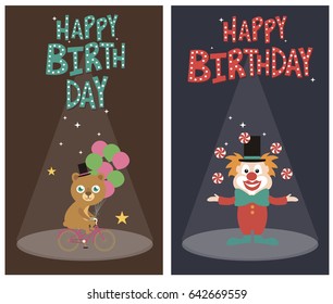 Set of birthday card with circus animals. Vector illustration
