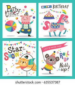 Set of birthday card with circus cartoon animals