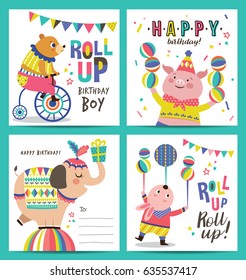 Set of birthday card with circus cartoon animals