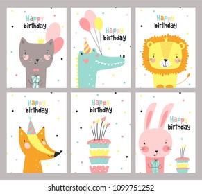 Set of birthday card with cute animals. Vector illustration