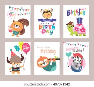 Set of birthday card with cute animals