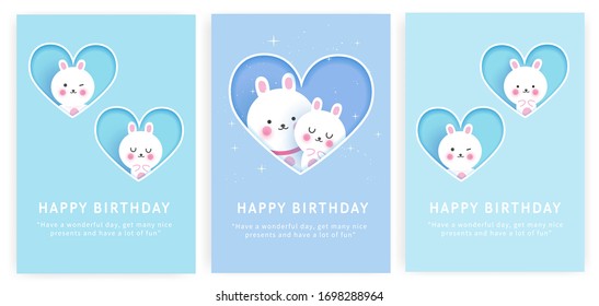 Juego de tarjetas de cumpleaños con conejo lindo en estilo cortado de papel. 