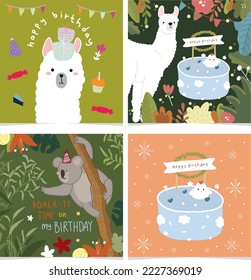 set of birthday card design with animal theme