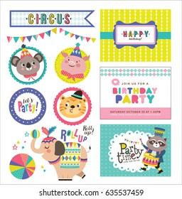 Set of birthday card and design elements with circus theme