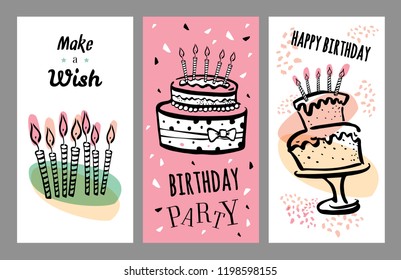 Set of birthday card design templates with cakes and candles. Hand drawn cartoon vector sketch illustration