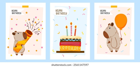 Set of birthday card designs featuring cute capybara with balloon, capybara with party popper, birthday cake with candles. Perfect for greeting cards, birthday wishes or theme party invitations