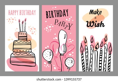 Set of birthday card rectangular design templates. Hand drawn cartoon vector sketch illustration with cake, balloons and candles