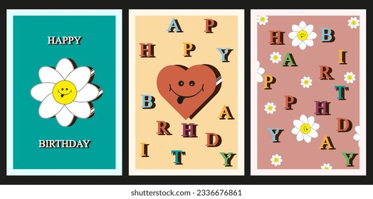 Set of Birthday card in Y2K Style. Retro aesthetic Groovy funky template of Greeting Card. Cover for posters, banners, flyer. Vector illustration 00s 90s. Hippie art.