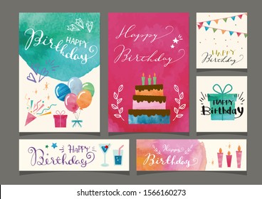 Set of birthday cards and banners.
Watercolor illustration with hand drawn letters.