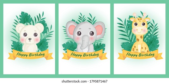 set of birthday cards with bear ,elephant and giraffe in water color style.