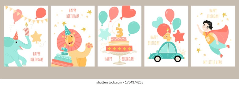 A Set Of Birthday Cards For A Boy's Birthday With A Cute Cartoon Superhero, Little Animals, A Car And Cakes With Candles. Vector Templates For Design In A Flat Style.