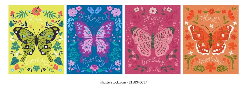 Set Birthday Cards Butterflies Vector Graphics Stock Vector Royalty Free 2158340037 Shutterstock