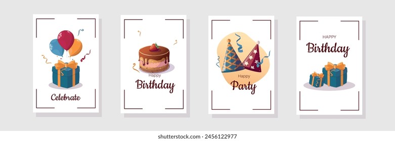 Set of Birthday cards with cake, balloons, gifts with inscriptions. Party on the occasion of birthday, holiday, party, anniversary. Postcard, invitation. Vector illustration.