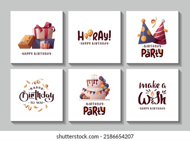 Set of Birthday cards with cake, caps and gift boxes. Handwritten lettering. Birthday party, celebration, congratulations, invitation concept. Square vector illustration. Postcard, card, cover.